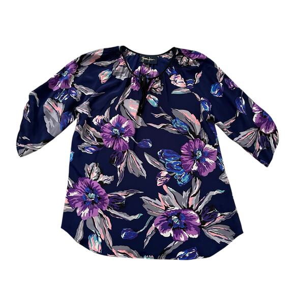 Yumi Kim navy blue floral silk 3/4 sleeve top size XS - Picture 13 of 13